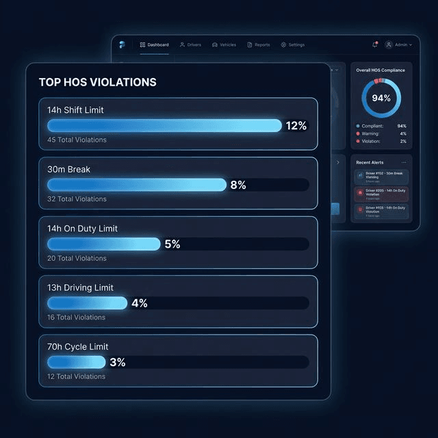 TrackPulse Compliance Dashboard showing HOS violation analytics